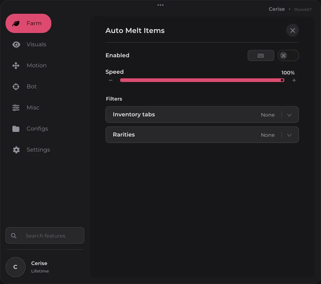 Auto Melt Items settings: speed, bag tabs and rarities