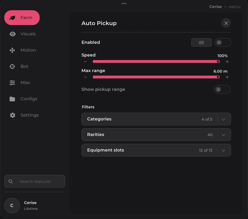 Auto Pickup settings: speed, range and loot filters
