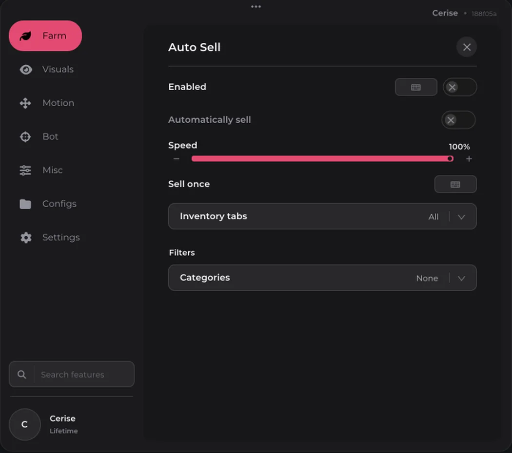 Auto Sell settings: speed, bag tabs and categories