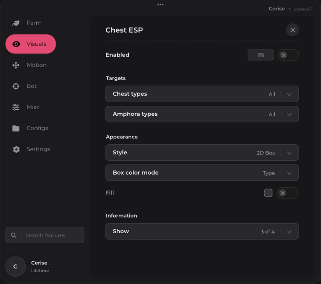 Chest ESP settings: chest types, style and what to show