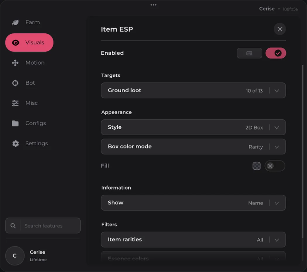 Item ESP settings: targets, box style, colour by rarity and rarity filters