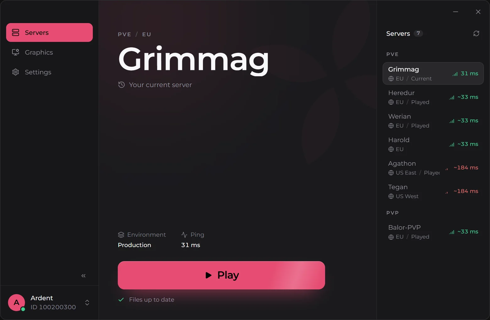 The Cerise launcher on its server list, with the ping to each server