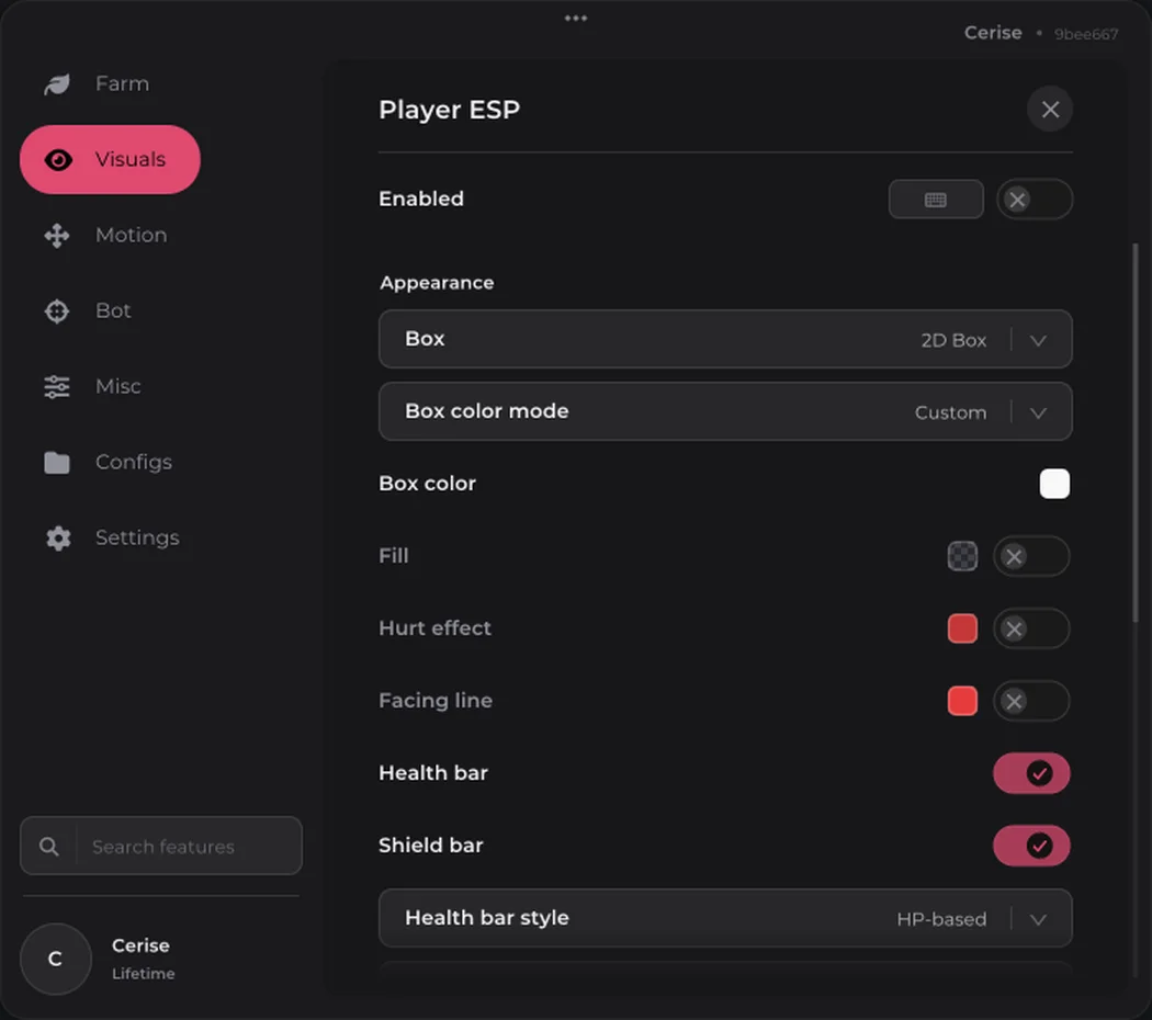 Player ESP settings: box style, colours, health bar and shield bar